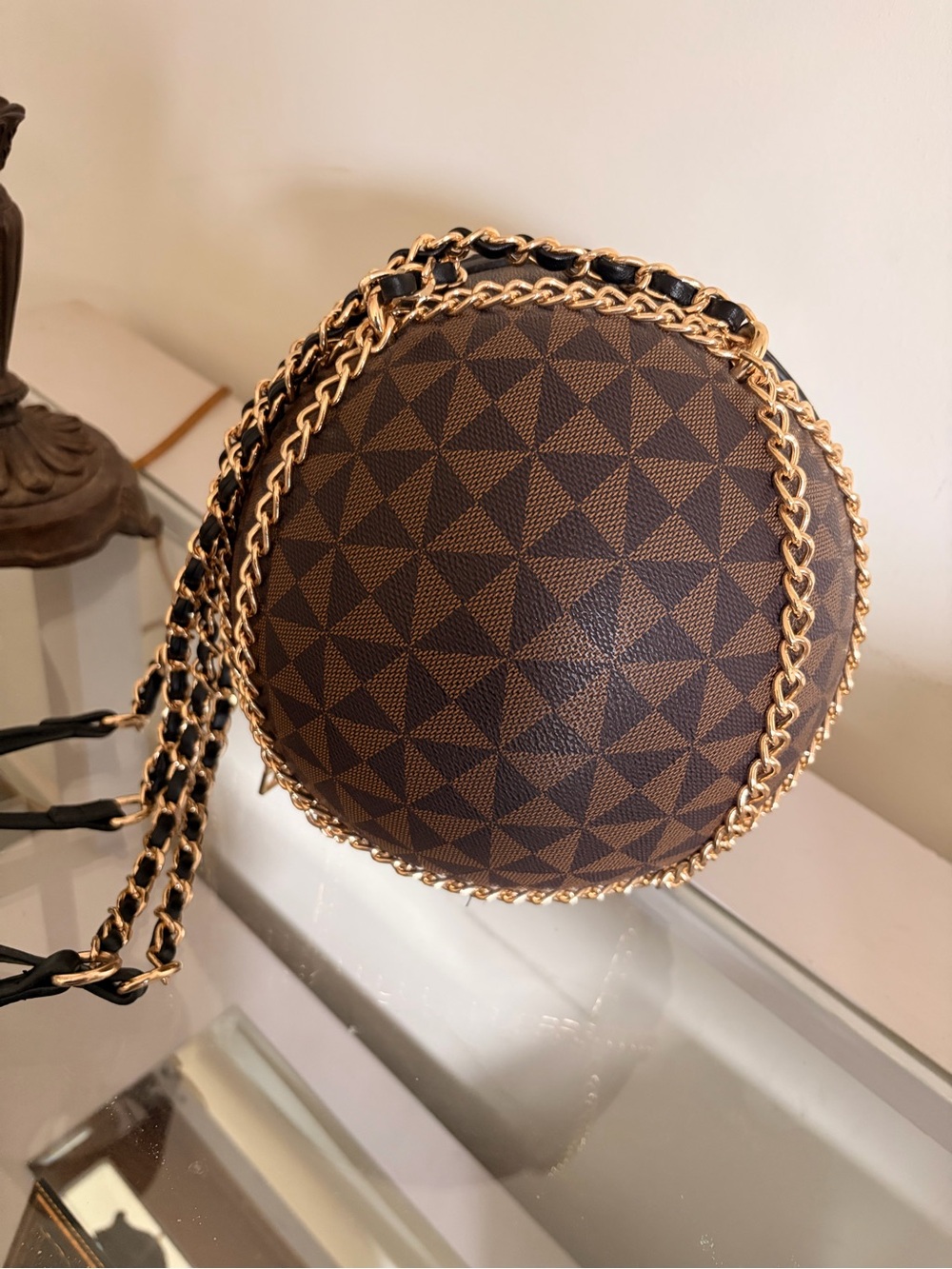 Round Brown Geometric Crossbody Bag with Gold Chain